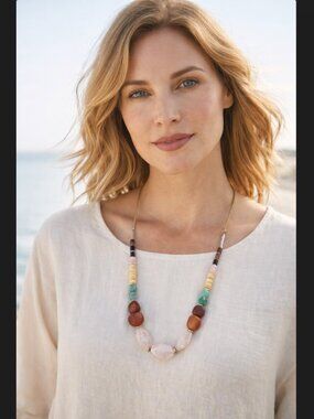 J. Jill Beaded Necklace Red Agate Rose Quartz Adjustable Boho Artisan Coastal